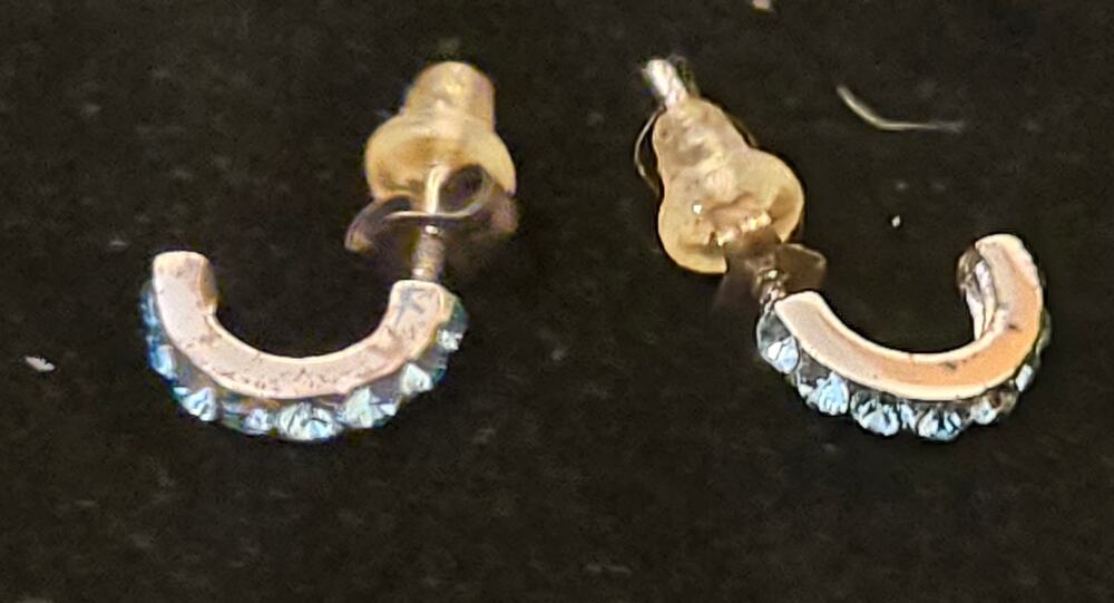 Vintage Y2K Silver Half Hoop Earrings with Blue Rhinestones